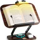 Book Stand with Light & Storage, Book Holders for Reading Hands Free, Wooden Cookbook Stand with Adjustable Height & 360 Angle for Recipe,Magazine,Laptop,Tablet, Bible