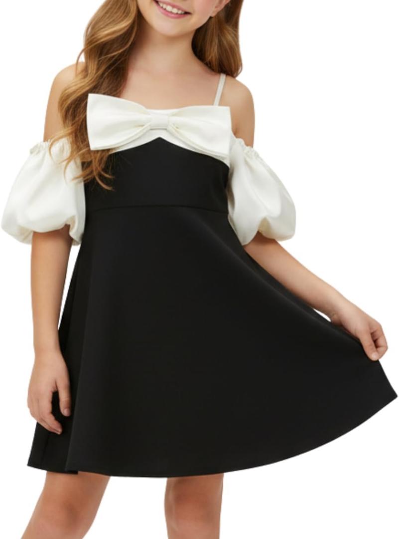 WELAKEN Puffy Sleeve Bowknot Dress for Girls Toddler & Kids II Little Girl's Spaghetti Strap Party Dresses, 10 Y Black,Champagne