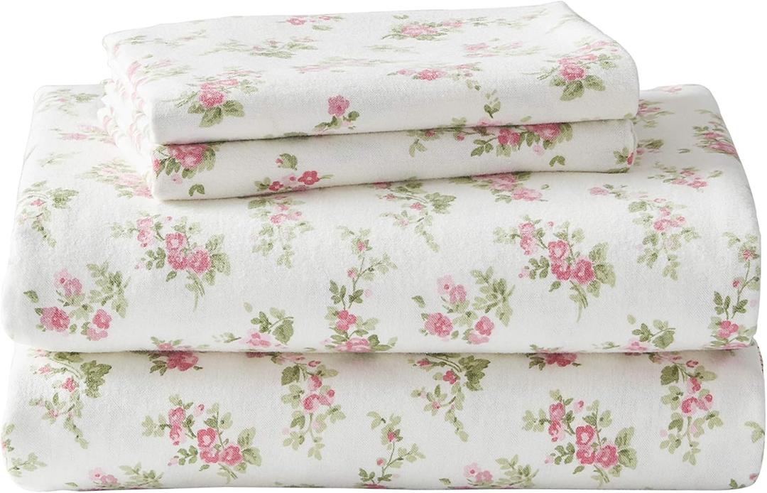 Laura Ashley - Flannel Sheets Queen Size, Anti-Pilling & Wrinkle Resistant Cotton, Touchably Soft for All-Season Comfort - Bed Sheets with Matching Pillowcases & Fitted Sheet (Audrey Pink)