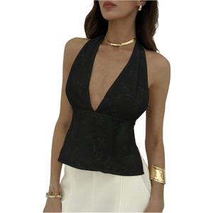 MakeMeChic Women's Y2K Halter Embroidery Tank Top Party Tie Backless Deep V Neck Cami Top (Black, M)