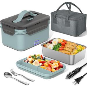 Electric Lunch Box Food Heater 100W, 4 in 1 Ultra Quick Heated Lunch Boxes for Adults 12V/24V/110V/220V Portable Food Warmer for Car/Truck/Office With Fork Spoon and Insulated Carry Bag (Mint Green)