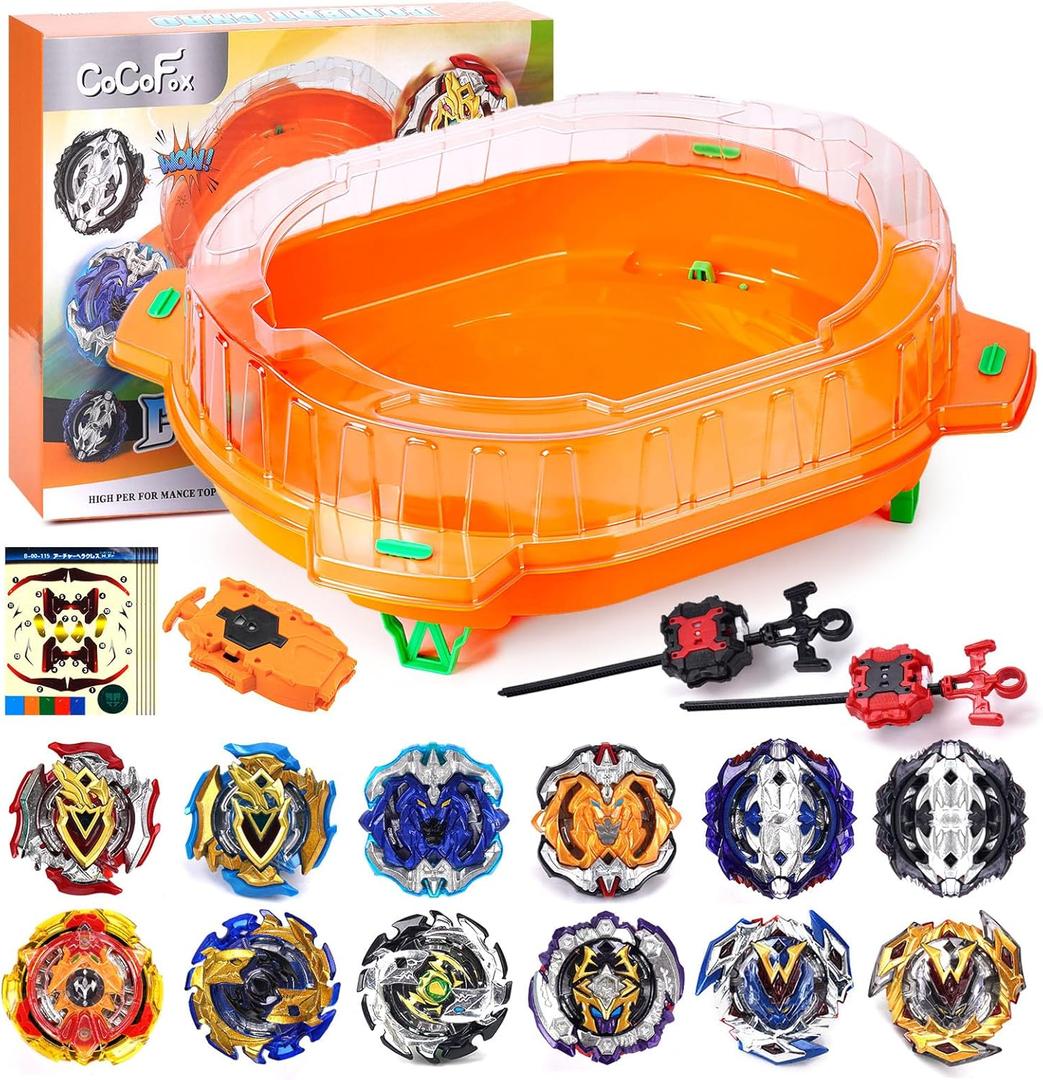 COCOFOX Burst Set, 12 Battling Tops 3 Launcher and 1 Stadium, Toys for 6 Year Old Boys & Girls & Up Orange