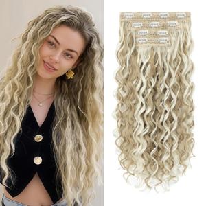 Curly Clip In Hair Extensions, 4PCS 20 Inch Ash Blonde with Highlights Extensions Clip Ins Lace Weft Curly Invisible Natural Hairpieces for Women