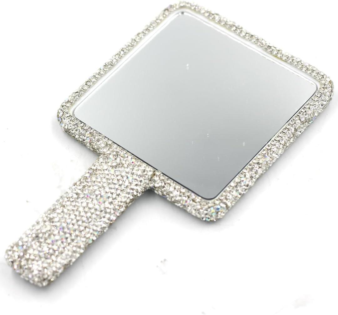 Rhinestone Hand Mirror - Bling Mirror with Dazzling Rhinestones, Perfect for Makeup and Decoration - Ideal Gift for Women and Girls (Square Silver)