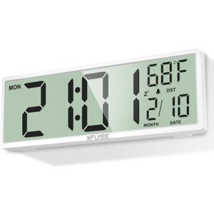 14.5'' Large Digital Wall Clock Battery Operated with Jumbo Numbers, Auto DST, Day, Date, Alarm, Temperature for Living Room, Bedroom, Desk Decor, Gift, LCD Screen Display Easy to Read and Set (White)