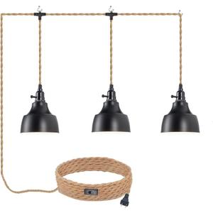 3 Light Plug in Pendant Light Cord 22FT Industrial Farmhouse Hanging Lamp with Twisted Hemp Rope Independent Triple Switch Hanging Light Chandelier for Dining Room Kitchen Black Finish