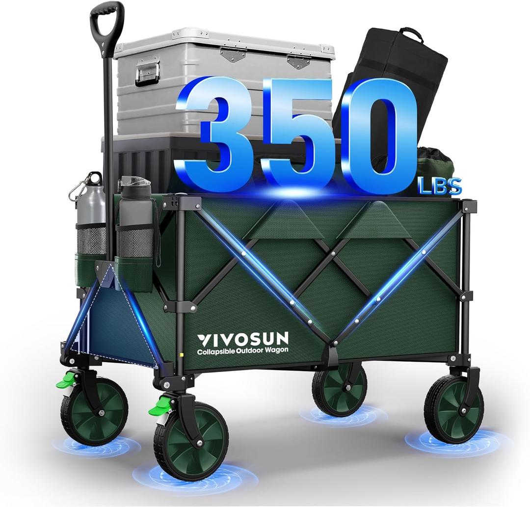 VIVOSUN Collapsible Folding Wagon, 350 lb Load-Bearing Outdoor Utility Cart with Silent Universal Wheels, Cup Holders &Side Pockets, Adjustable Handle, for Camping, Garden, Sports, Picnic, Shopping (Green)