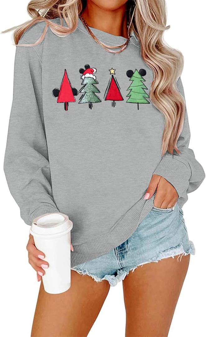 JINTING Christmas Sweatshirt for Women Christmas Tree Pullover Xmas Holiday Crewneck Sweatshirts Long Sleeve Top Grey Large
