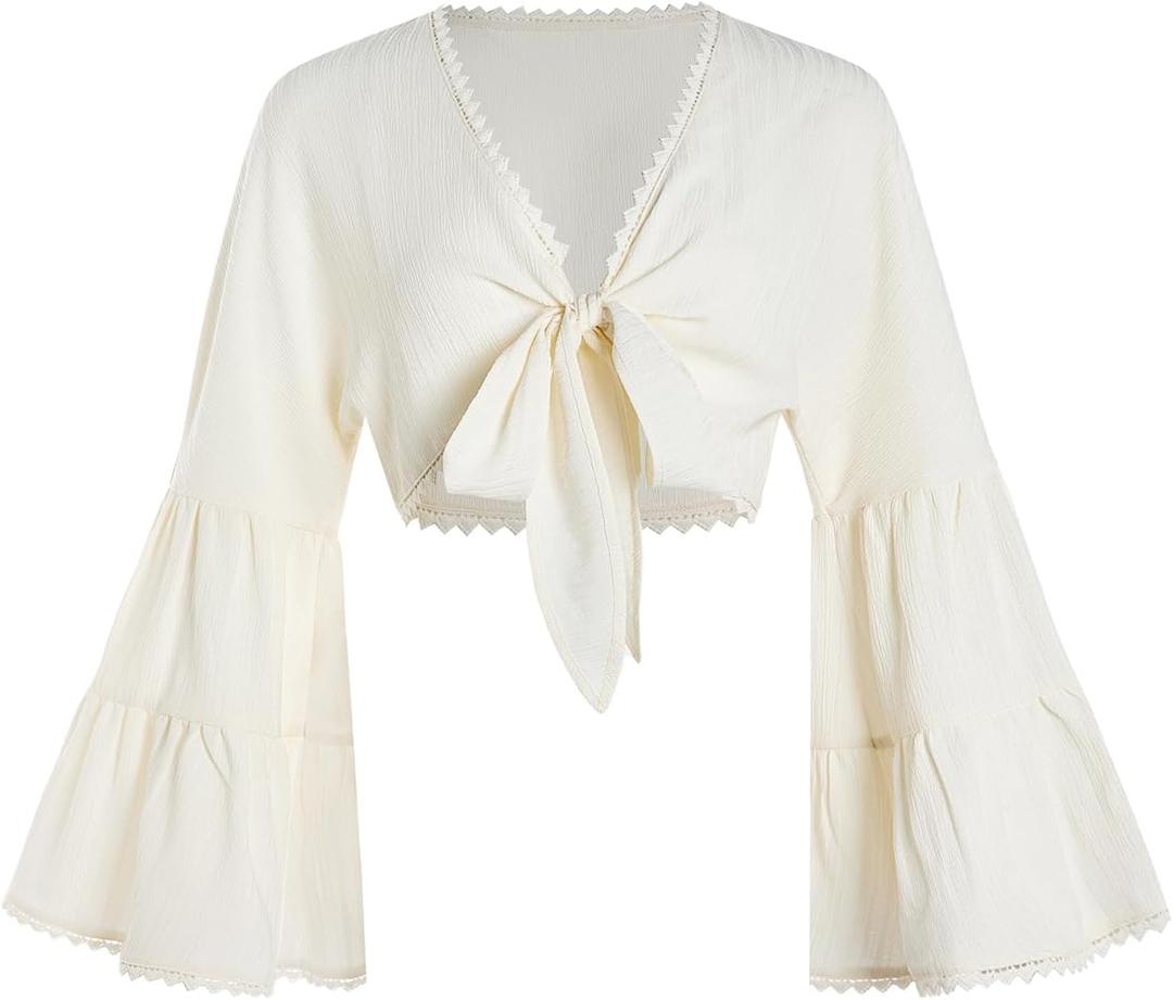 BEAUDRM Women's Wrap Crop Tops Bow Tie Front Long Bell Sleeve Blouse Casual Concert Outfits 70s Disco Hippie Shirts Apricot Medium