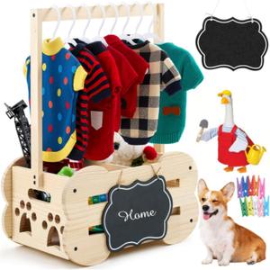 Wooden Dog Wardrobe Closet 20"x15"x9" Pet Goose Outfit Toy Storage Basket Crate with Hanging Rod Bone Shape Organizer Closet for Dog Toy Clothes Accessories with 8 Hanger 10 Clip 1 Small Blackboard