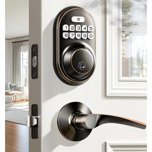 Veise Keyless Entry Door Lock with 2 Lever Handles - Electronic Keypad Deadbolt, Auto Lock, Back Lit & Easy Installation Design, Front Door Handle Sets, Oil Rubbed Bronze