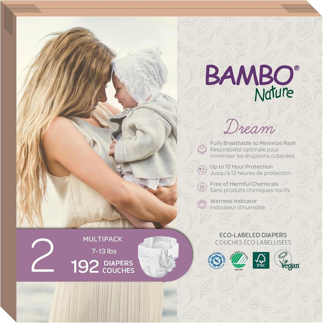 Bambo Nature Hypoallergenic Baby Diapers, EcoLabelled Sustainable Diapers, Enhanced Leakage Protection, Totally Chlorinefree, Skin Friendly, and Super Absorbent  Size 2 (192 Count)