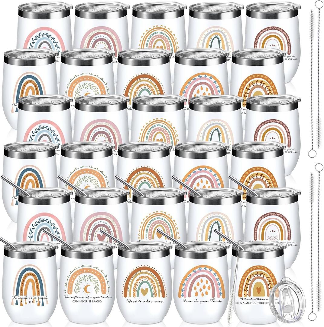 Inbagi 30 Pcs Teacher Appreciation Gifts Rainbow Mugs Cups with Lids Bulk Daycare Teacher Stainless Steel Tumbler School Thank You Gift for Thanksgiving Christmas Education Counselor (12OZ)
