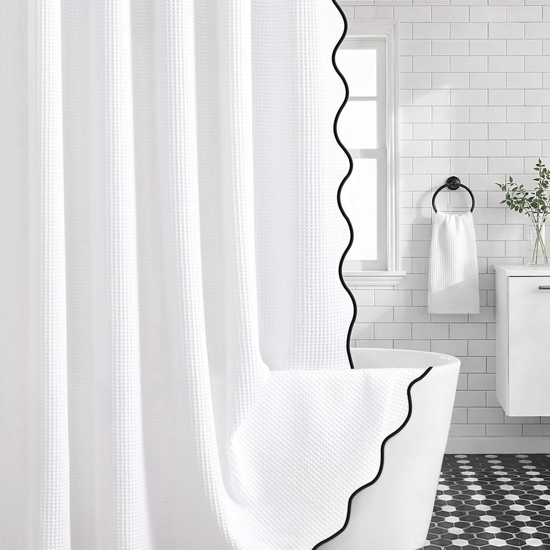 Waffle Scalloped Shower Curtain White Cotton Fabric Shower Curtains for Bathroom 72''W  72''L