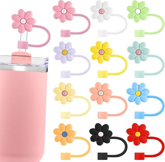 Velaco 12PCS Silicone Straw Covers Cap Compatible with Stanley 30&40 Oz Cup, 10mm Cute Flower Straw Toppers for Tumblers, Dust-Proof Drinking Straw Caps for Reusable Straws Tips Lids