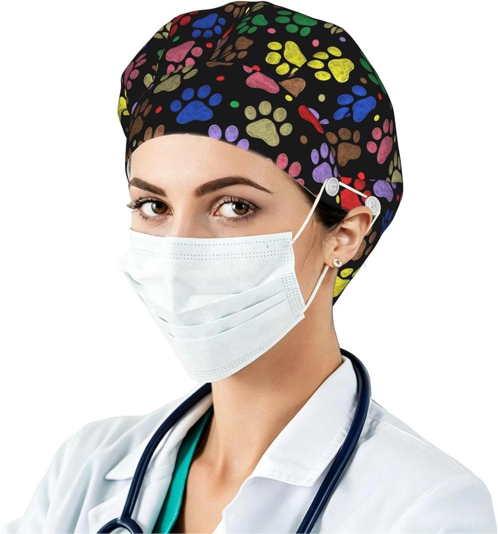 Working cap with button and sweatband adjustable surgical cap for men women