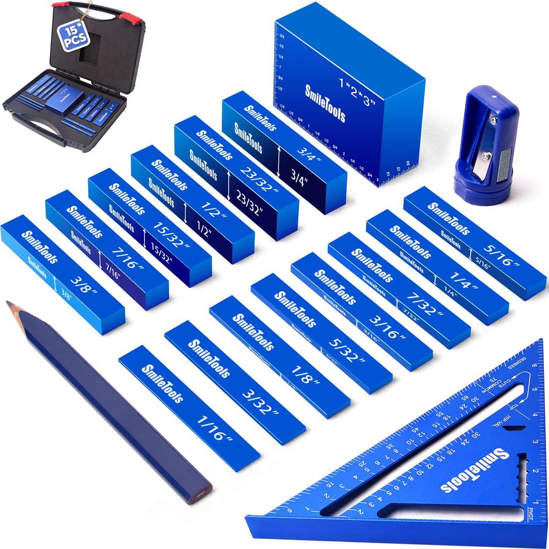15PCS Inch Setup Blocks Woodworking Tools, Height Gauge Block Set with Setup Bars, Carpenter Square & Pencil, Sharpener, Case - Precision Aluminum Set up Blocks for Router and Table Saw Accessories