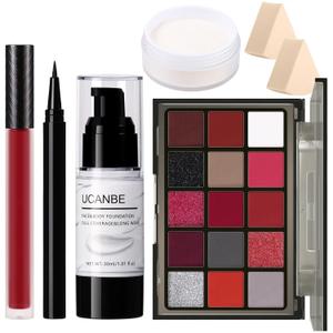 UCANBE Red Halloween Makeup Kit  Clown Vampire Joker Demon Makeup Set for SFX Costume Cosplay with Eyeshadow Palette, White Foundation, Red Liquid, Black Eyeliner, Setting Powder & Sponges
