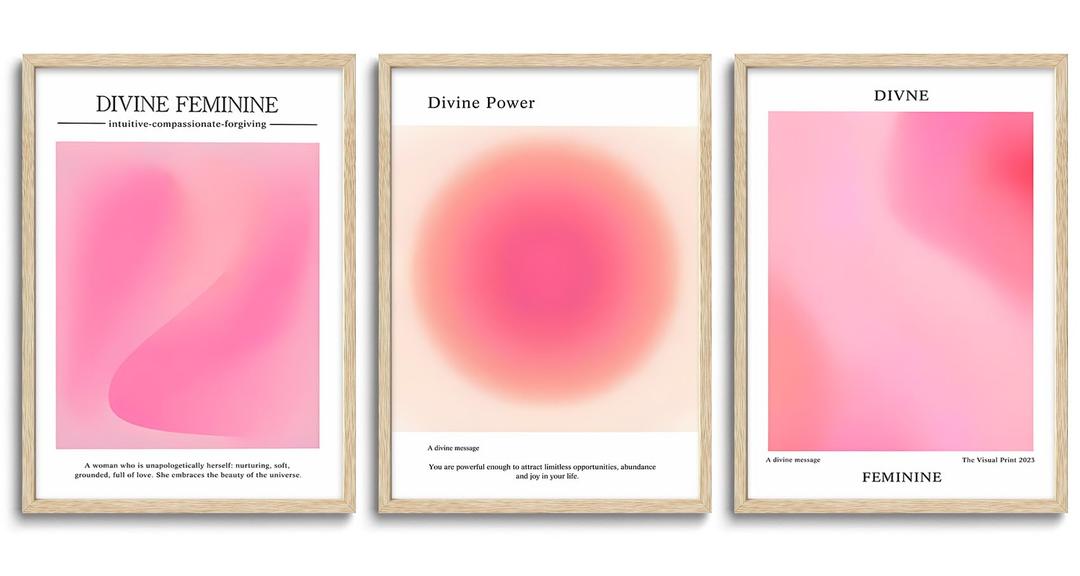 KISSFOX 3 Piece OAK Wood Framed Wall Art Pink Wall Decor Aura Canvas Art Divine Feminine Pictures Trendy Aesthetic Preppy Paintings For Apartment Dorm Women Girls Bedroom