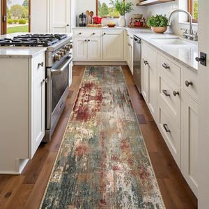 RELEANY Washable Area Rugs 2'x8' Non-Slip Modern Abstract Soft for Living Room Entryway Bedroom Nursery, Print Pattern, Brown Rust Red Green Blue Multi