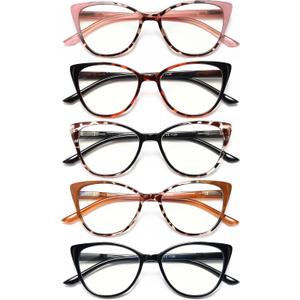 EYEURL 5 Pack Reading Glasses for Women-Cat Eye Blue Light Blocking Readers Fashion Computer Glasses with Spring Hinge Anti-Glare Readers for Women 2.0