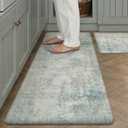 Kitchen Mats for Floor Set of 2 Anti Fatigue Waterproof Kitchen Rug Blue Cream Abstract Cushioned Non-Slip Kitchen Mats Comfort Standing Neutral Mat for Sink Laundry Office 17.3"47"+17.3"30"