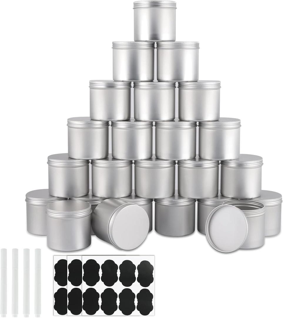 24 Pack Round Cans with Screw Lid 10 Oz Aluminum Metal Tins DIY Food Candle Containers for Lotion Bars, Balms, Salve, Spices, Beard Balm, Crafts with 4 Markers 3 Sheets Label Stickers 1(Silver)