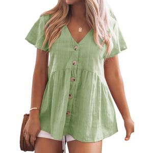 JayGate Womens Short Sleeve V Neck Blouse Button Down Shirt Loose Casual Ruffle Hem Babydoll Peplum Tops (Large, Light Green)