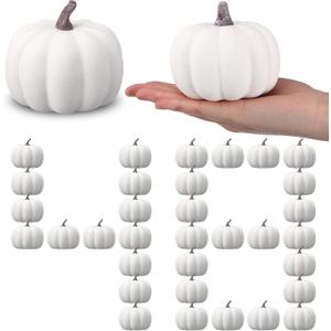 Liliful 60 Pack 4 Inch Fall Harvest White Artificial Pumpkins Crafts Rustic Decorative Pumpkin Foam Pumpkins Decoration for Halloween Thanksgiving Wedding Dining Table Centerpiece Decorating