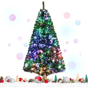 Happygrill 6FT Fiber Optic Christmas Tree, Artificial Spruce Tree Pre-lit Green Xmas Tree with Metal Stand, 617 Branch Tips, Full Tree for Holiday Decoration (Green Classic Leaves)