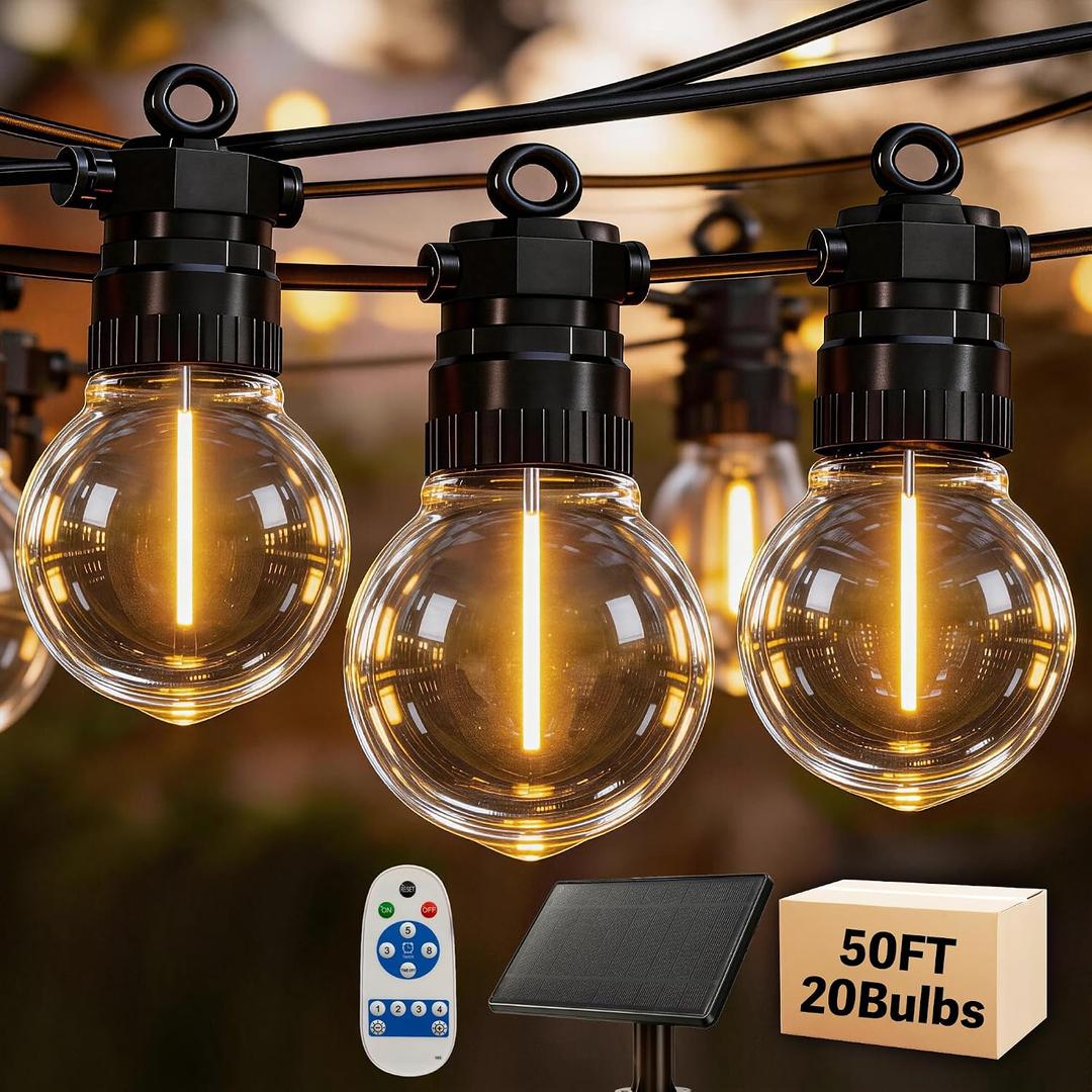 50FT Solar Outdoor String Lights with 20 LED Bulbs, IP65 Waterproof, Remote Control & Dual Solar-USB Charging for Patio, Garden, Backyard & Party