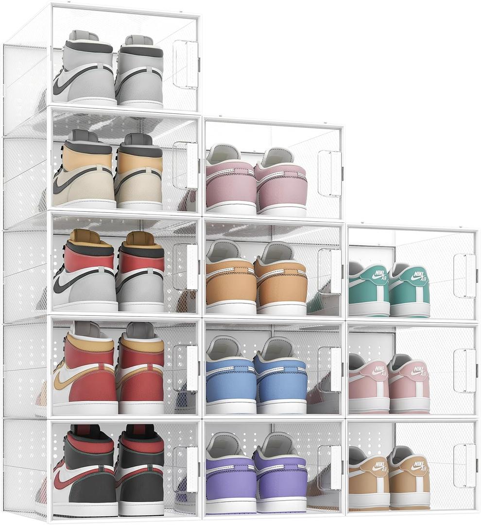 Pinkpum XXL Larger Shoe Organizer Storage Boxes Fit for Size 14, 12 Pack Highly Clear Plastic Stackable Sneaker Storage for Closet, Clear Shoe Display Case Containers, White