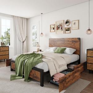 IDEALHOUSE Queen Size Bed Frame with 4 Storage, Strong Metal Support Platform Bed Frame with Vintage Wooden Headboard and Footboard, No Box Spring Needed