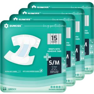 SUNKISS TrustPlus Adult Diapers with Maximum Absorbency, Disposable Incontinence Briefs with Tabs for Men and Women, Maximum Overnight Absorbency, Small/Medium, 60 Count (4 Packs of 15) (Small/Medium (Pack of 60))