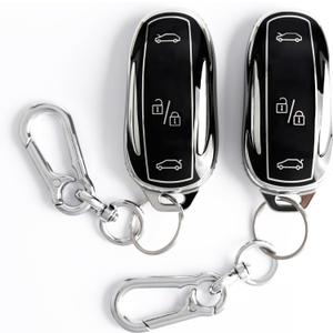 2Pcs Key Fob Cover for Tesla Model X. TPU Car Key Case Protector with Anti-Loss KeychainBlack