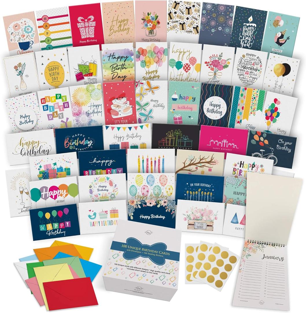 Dessie 100 Unique Birthday Cards Assortment with Greetings Inside for Businesses and Individuals.100 Assorted Color Envelopes, Gold Seals, Birthday Calendar in Sturdy Storage Box