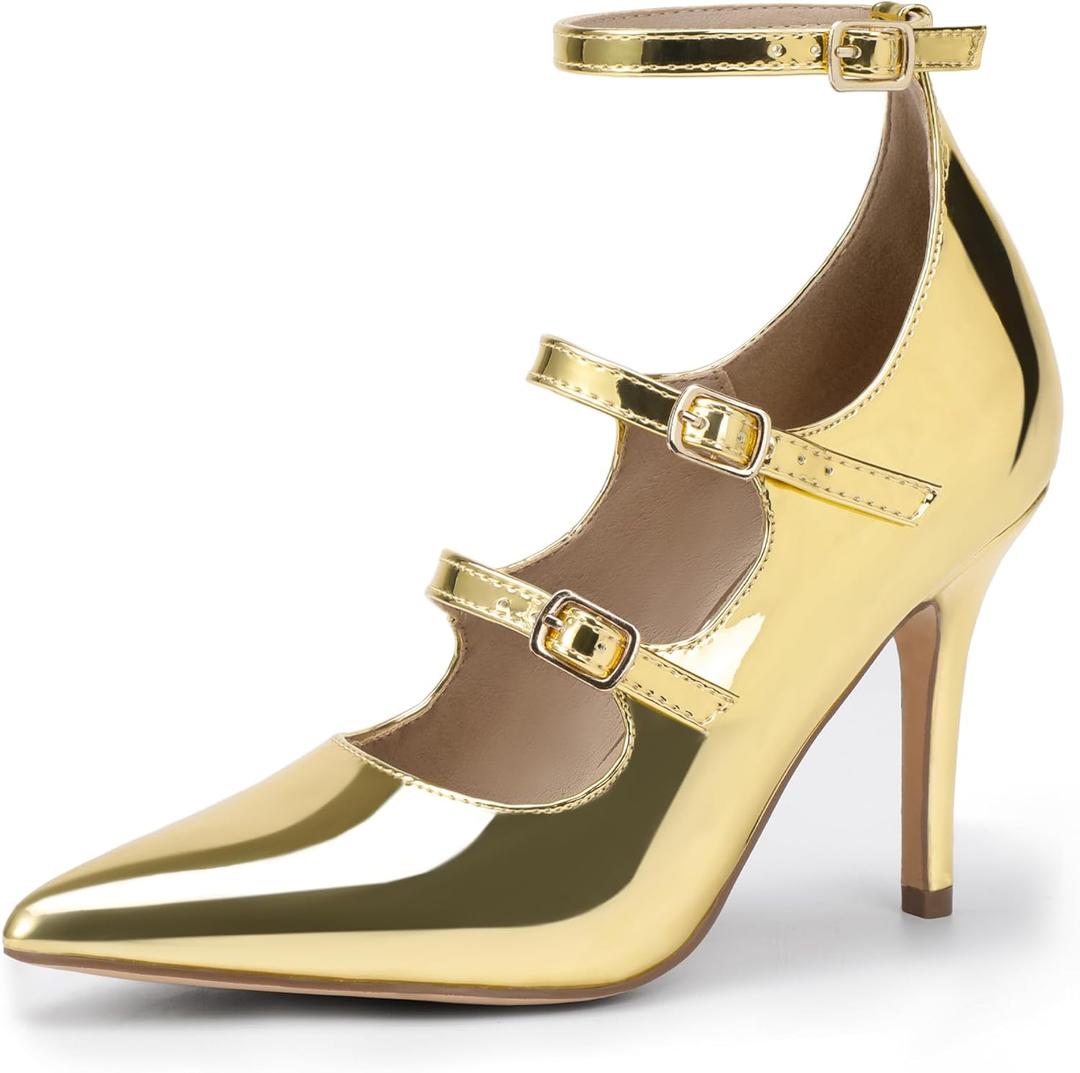 IDIFU IN4 Women's Pumps High Heels Dress Shoes for Women Closed Toe Strappy Heels Wedding Comfortable Dressy Formal Stiletto Ankle Strap Pointed Toe Three Strap Heels Pump Shoes (7.5, Gold Patent)