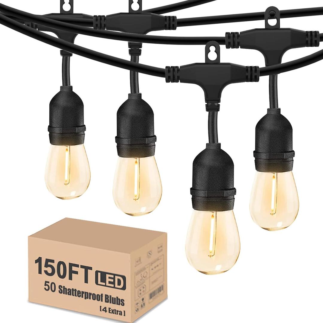 Achin Outdoor String Lights 150 Feet LED Waterproof Patio Lights with 50 Shatterproof Dimmable Warm Edison Bulbs String Lights for Outdoor Gazebo Bistro Wedding Birthday Party Lights, Connectable (150FT 46 Sockets(2x75FT), Warm 2200K-E26 Base)