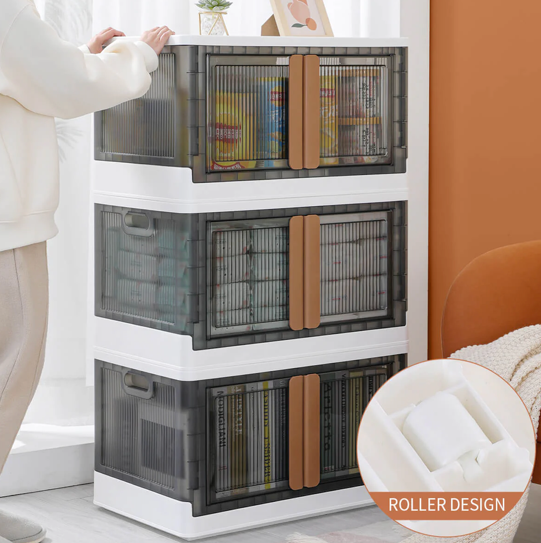 HAIXIN Storage Bins with Lids - Collapsible Storage Bins, Wardrobe Closet Organizer, 19 Gal Stackable Toy Storage, Foldable Plastic Storage Container with Door, Crate for Book Storage (3 Pack)