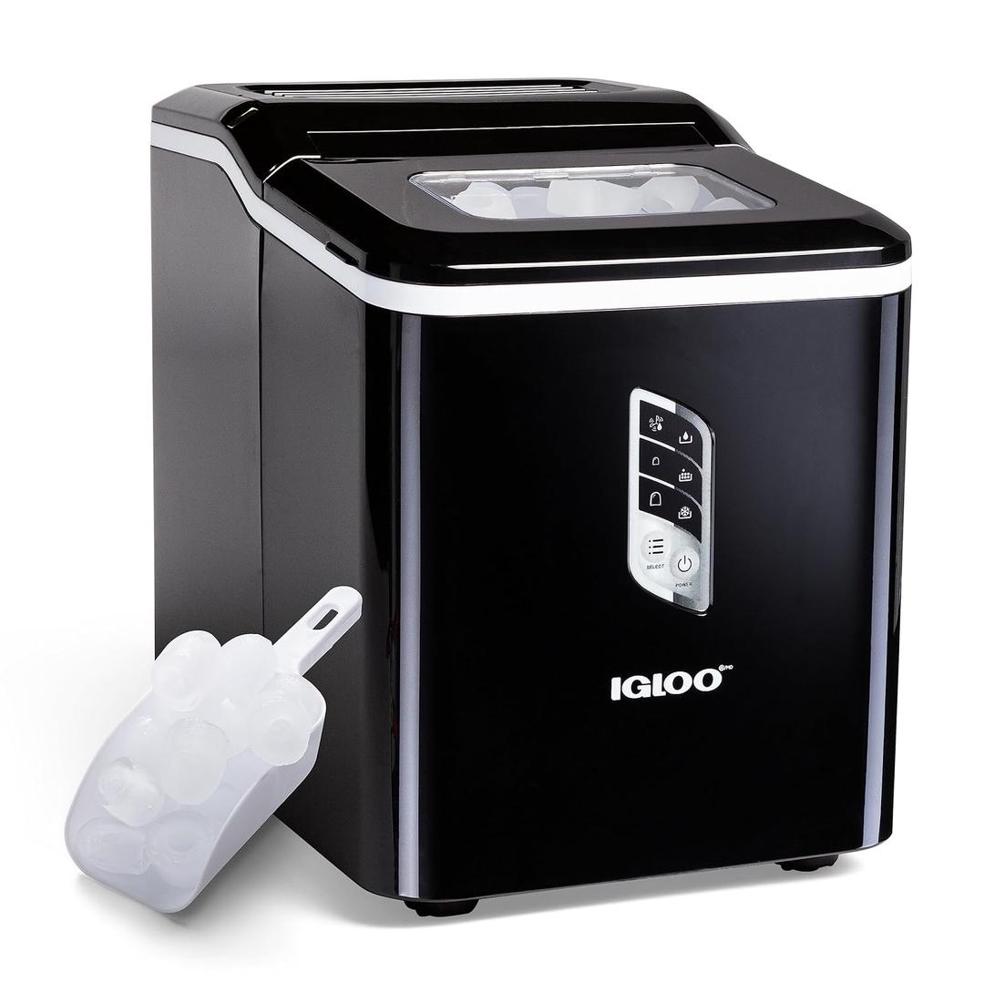Igloo Handled Portable Ice Maker with Scoop - Ice Maker with LED Control Panel & 1 Quart Water Tank - Ice Cube Maker Produces 26 Lbs. of Ice in 24 Hours with 9 Large or Small Cubes In 7 Minutes- Black