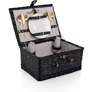 PICNIC TIME Classic Picnic Basket for 2, Romantic English-Style Wooden Wicker Basket with Deluxe Service for 2, Fully-lined Interior, Leatherette Lid-locking Buckle, and Carry Handle, (Black Willow)