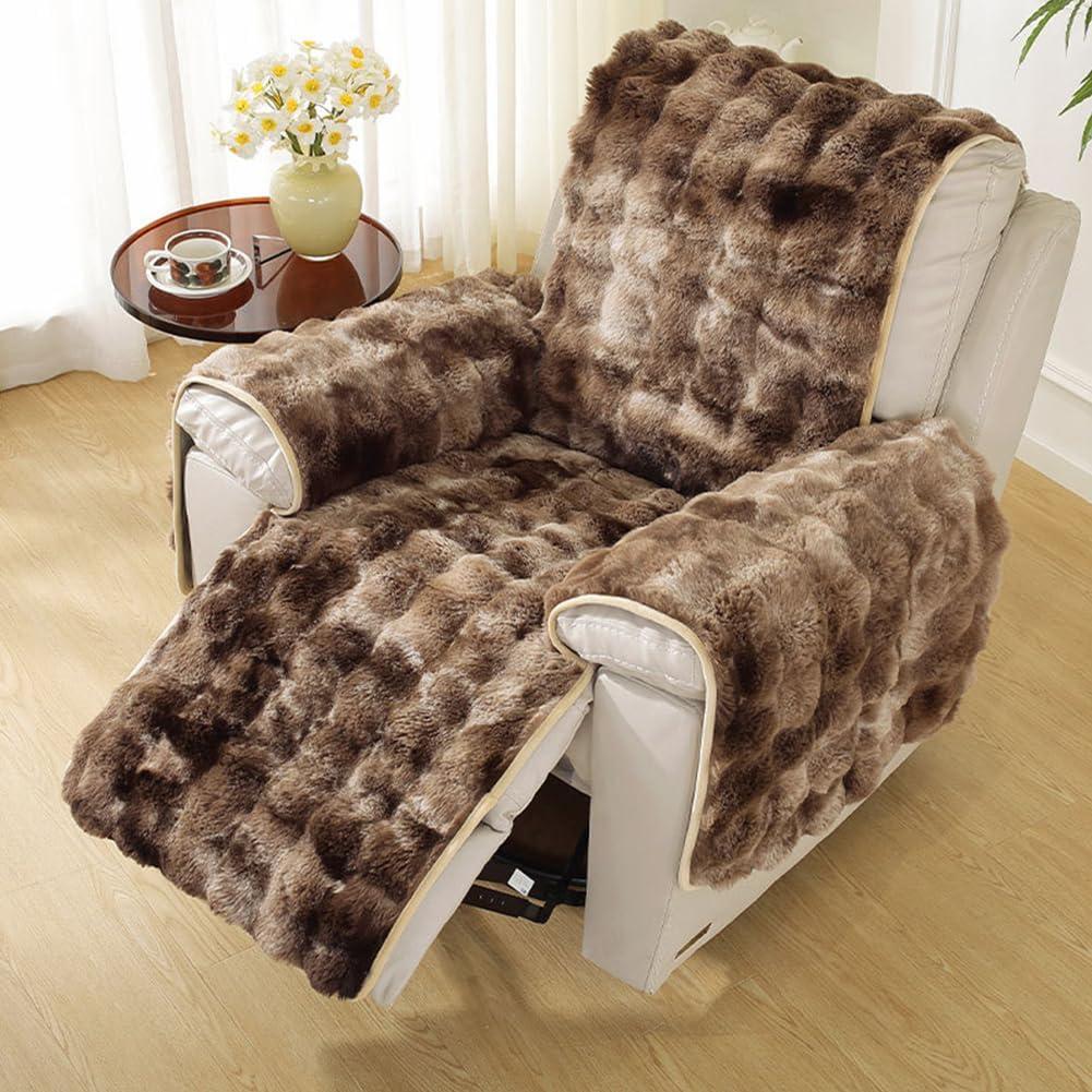 Fluffy Faux Fur Recliner Couch Chair Cover- Gradual Change Plush Non-Slip Slipcover, Lazy Boy Recliner Slipcover Covers Stay in Place Washable Furniture Protector Fits Reclining Sofa (Brown)