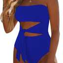Viottiset Women's Bandeau One Piece Swimsuit Strapless Tie High Cut Out Bathing Suit (Medium, Blue)