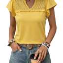 Dokotoo Womens Blouse Ruffle V Neck Short Pleated Sleeve Flowy Shirts Dressy Casual Cute Summer Tops Tunic Fashion Clothes Lace Patchwork Business Work Shirts Yellow Small