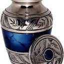 Classic Small Mini Cremation Keepsake Urn for Human Ashes  with Box and Velvet Box - 2.6 inch - Blue Fire Design - Made of Brass