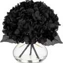Hollyone Hydrangea Fall Flowers Artificial for Decoration with Glass Vase Black Silk Faux Flowers Arrangements in Vase with Faux Water Fake Floral Bouquet Table Centerpiece Halloween Home Decor