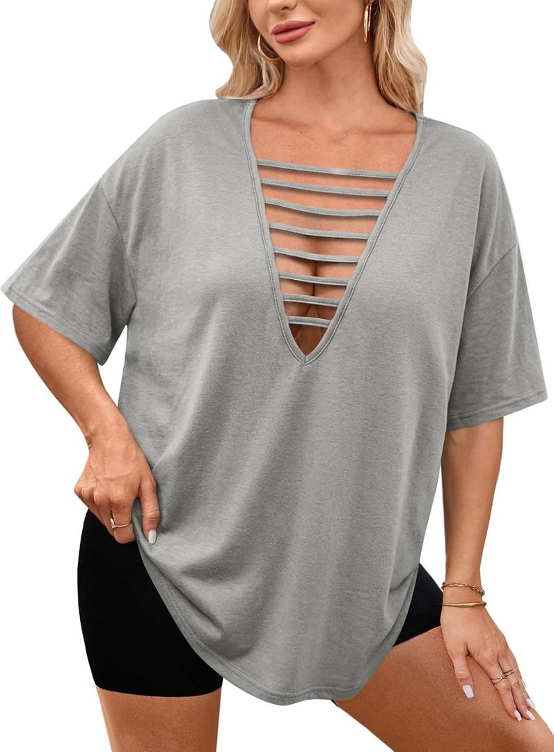 Remidoo Women's Oversized T-shirt Sexy Cut Out Top Ripped Shirt Short Sleeve V Neck Tee Grey Large (Gray, L)