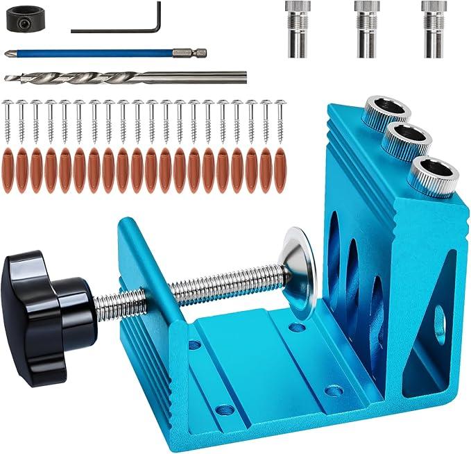 Pocket Hole Jig Kit with 3 Drill Hole Guide Pocket Drill Hole System with 15 Degree Joint Angle Tool Portable Pocket Joinery Screw Kit DIY Woodworking Carpentry Locator