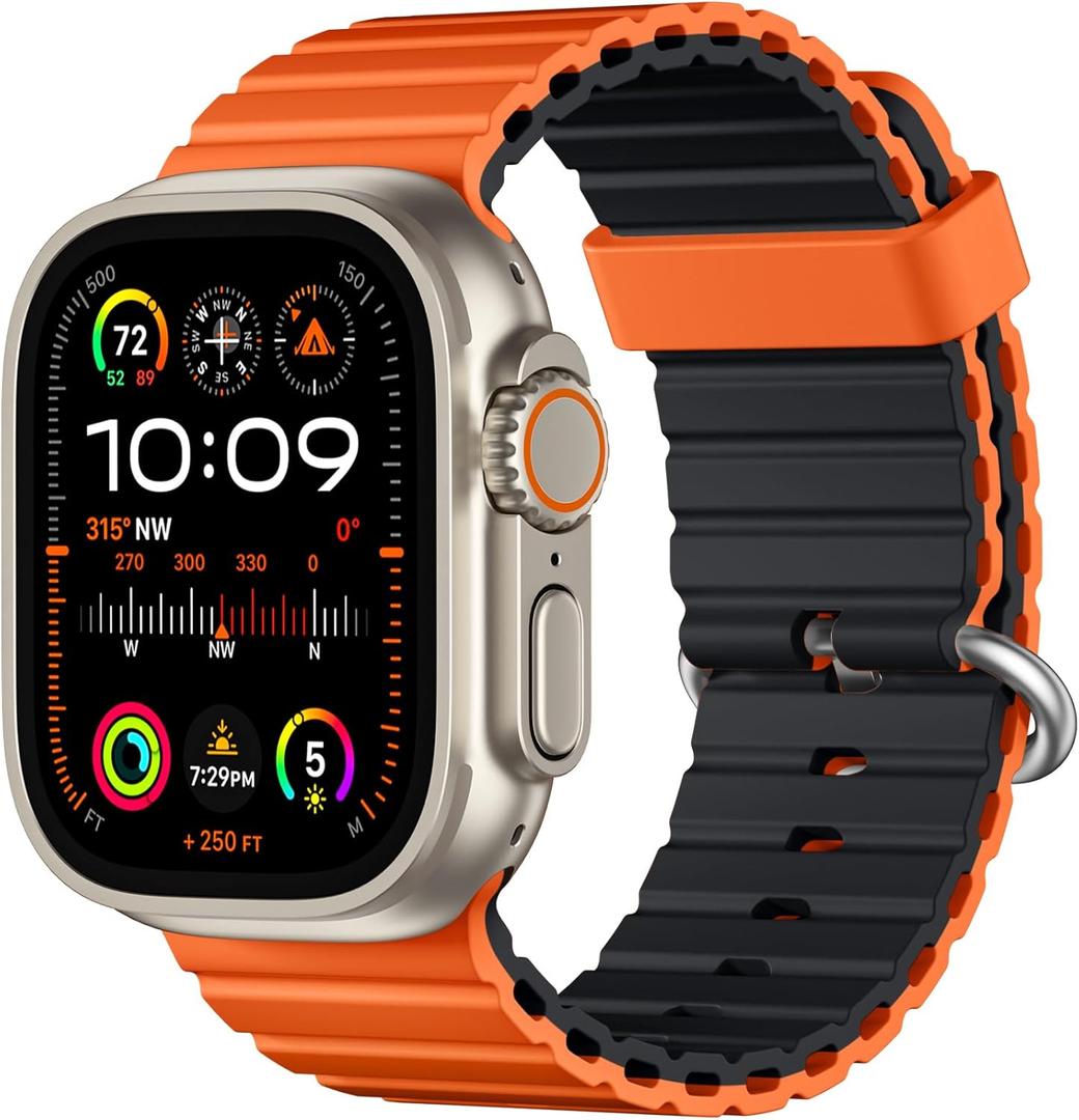 DaQin Ocean Band for Apple Watch Ultra 3/Ultra 2/Ultra 49mm 46mm 45mm 44mm 42mm Men, Soft Silicone Breathable Waterproof Sport Wristband Strap for iWatch Series 11 10 9 8 7 6 5 4 SE 3 2 1 (Orange/Black)