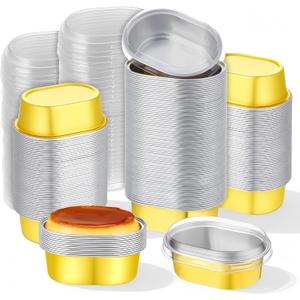 150 Pack Mini Aluminum Baking Cups with Lids, 3 OZ Disposable Ramekins Muffin Liners Containers Cupcake Foil Liners Gold Individual Pie Tin Cup for Dessert Creme Brulee Pudding Cupcake